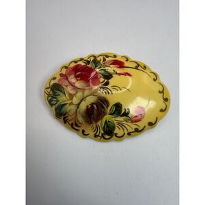 Hand Painted Floral Brooch – Yellow Oval Wood Pin with Red & Pink Flowers